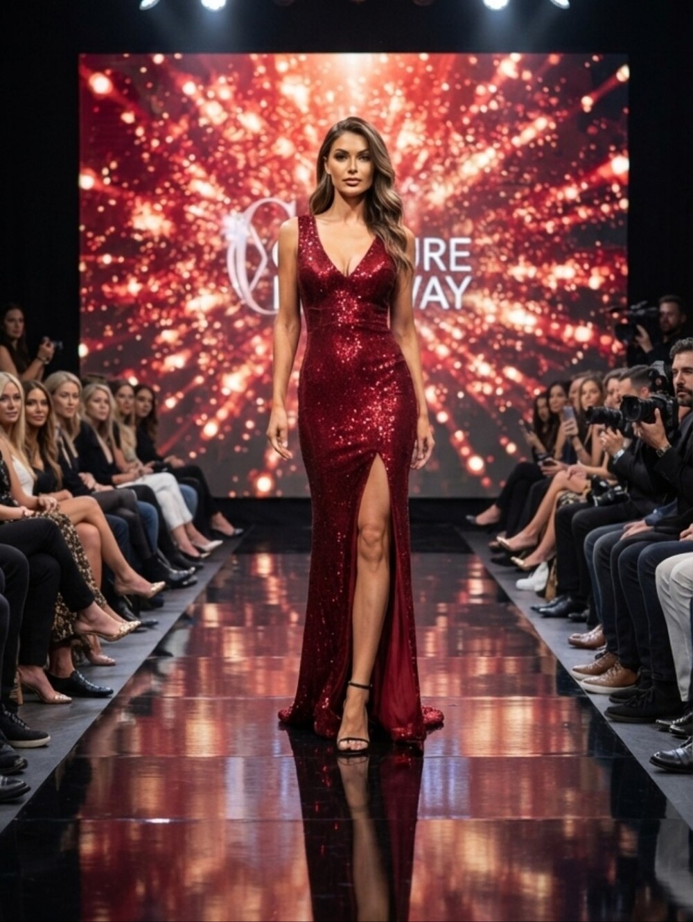 Burgundy, Split Thigh, Contrast Sequined, V Neck, Sleeveless Maxi Gown